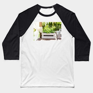 White wooden pot with green herbs on a wooden terrace Baseball T-Shirt